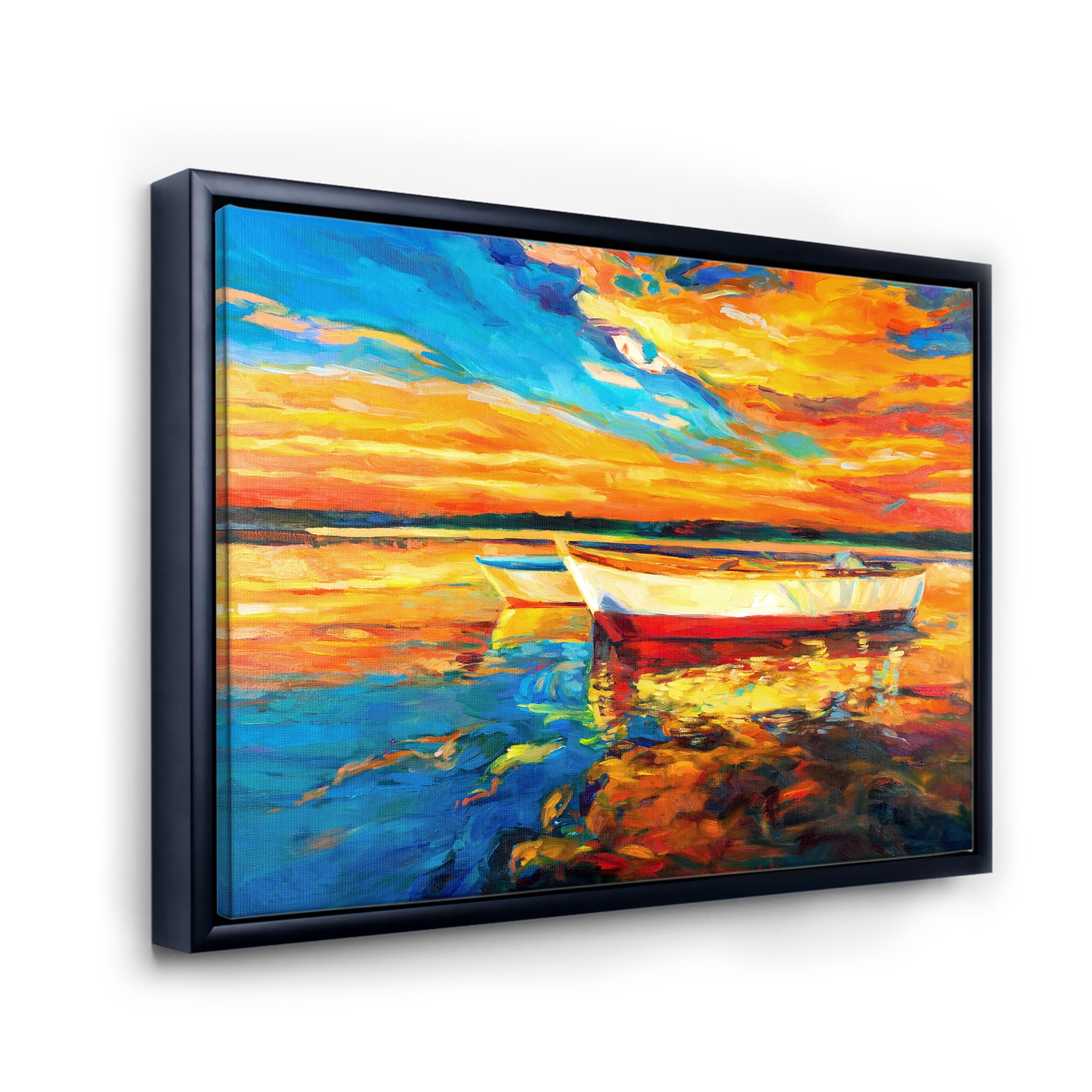 Designart 'Red and White Boats By The Pier At A VIbrant Sunset' Nautical & Coastal Framed Canvas Wall Art Print