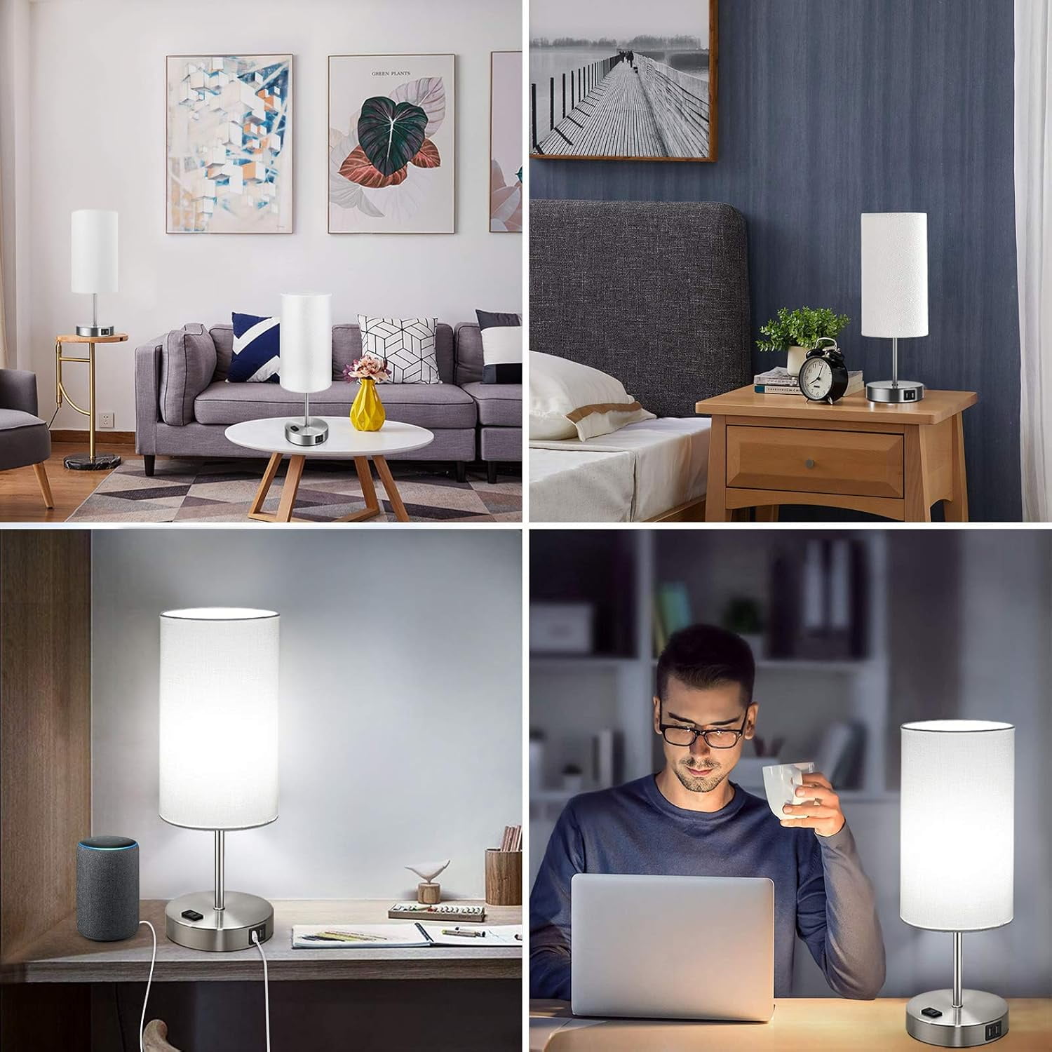 Nordic Hygge Set of 2 Touch Control Dimmable Table Lamps with 2 USB Charging Ports&AC Outlet