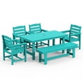 thumbnail image 3 of LOYALICE Outdoor Patio Dining Table Set, 6-Piece HDPE Patio Furniture Set with Umbrella Hole, Weather Resistant Table, 4 Wide Chairs and 2-Seat Bench，Peacock Blue, 3 of 5