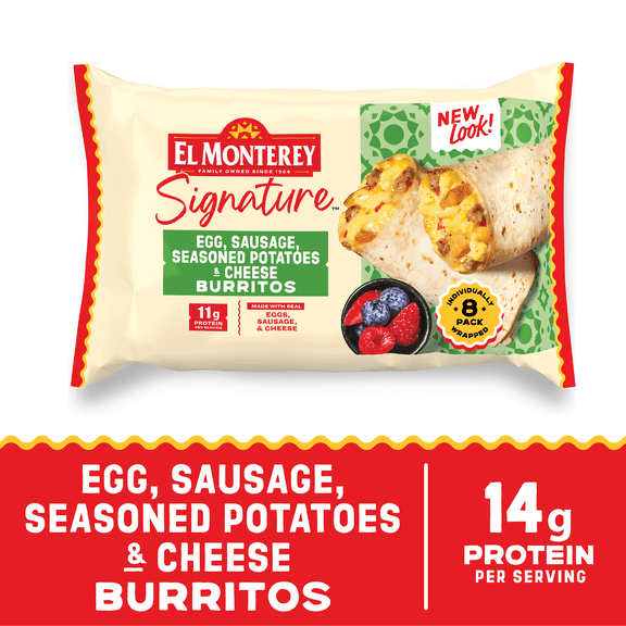 El Monterey Signature Egg, Sausage, Cheese & Potato Burritos, 36 oz, 8 Count (Frozen)
