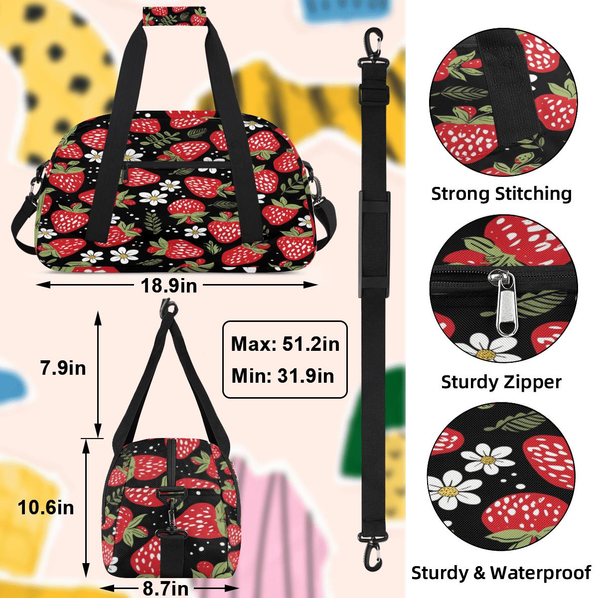 Herdesigns Strawberry Sports Duffle Bag for Women & Men, Gym Bag Dance Bag Overnight Bag Carry On Weekender Travel Bag