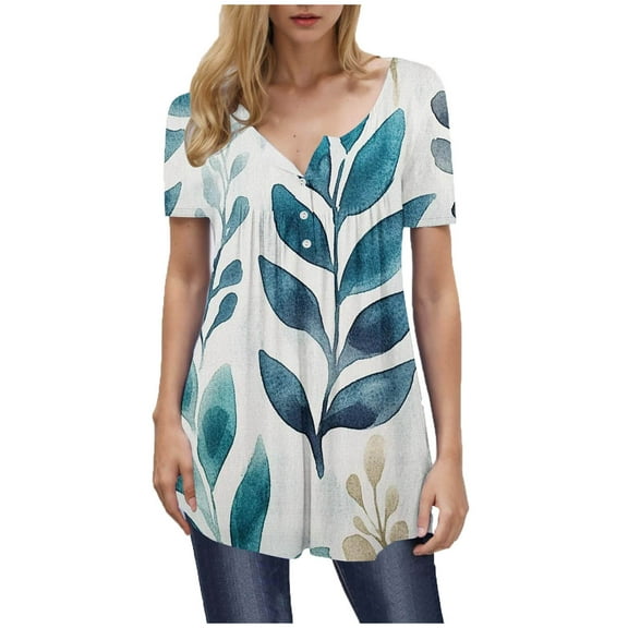 Olyvenn Womens Casual Henley Shirts Colorful Pleated Boho Floral Printed Short Sleeve Button Down T-Shirt Tunic Blouse Tops Multicolor L