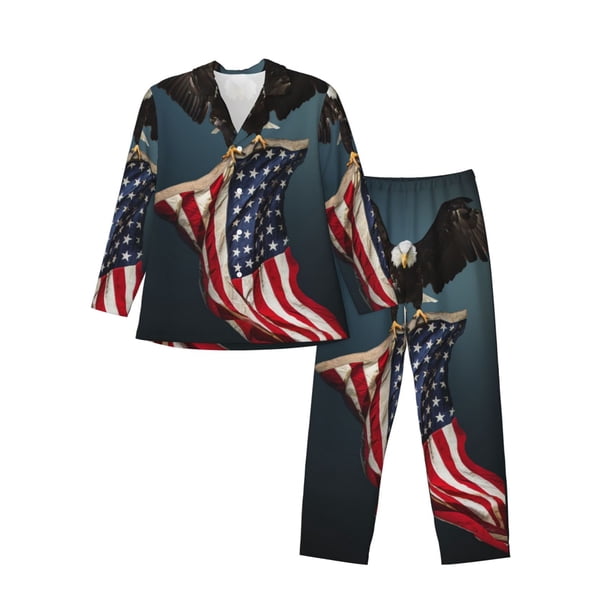 Balery American Flag Pijama para Hombre de Dos Piezas con Manga Larga, Conjunto de Dormir y Descanso Suave con Bolsillos-Medium