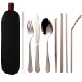 thumbnail image 1 of Combinación de vajilla portátil de acero inoxidable 1010 con revestimiento de titanio, cuchillo, tenedor, cuchara, palillos y pajita, 1 of 6