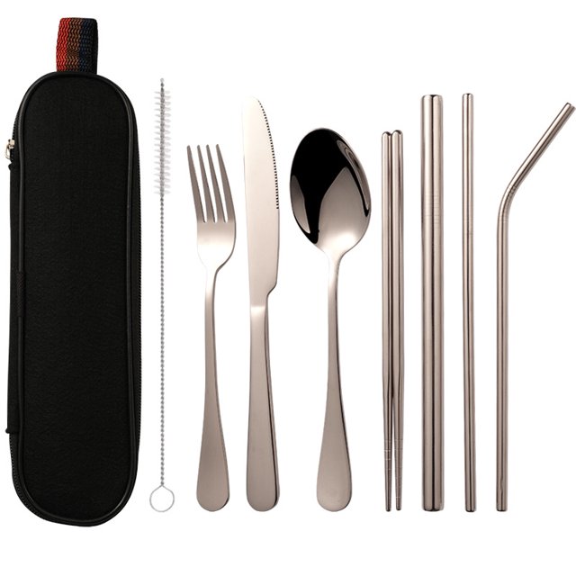 Combinación de vajilla portátil de acero inoxidable 1010 con revestimiento de titanio, cuchillo, tenedor, cuchara, palillos y pajita