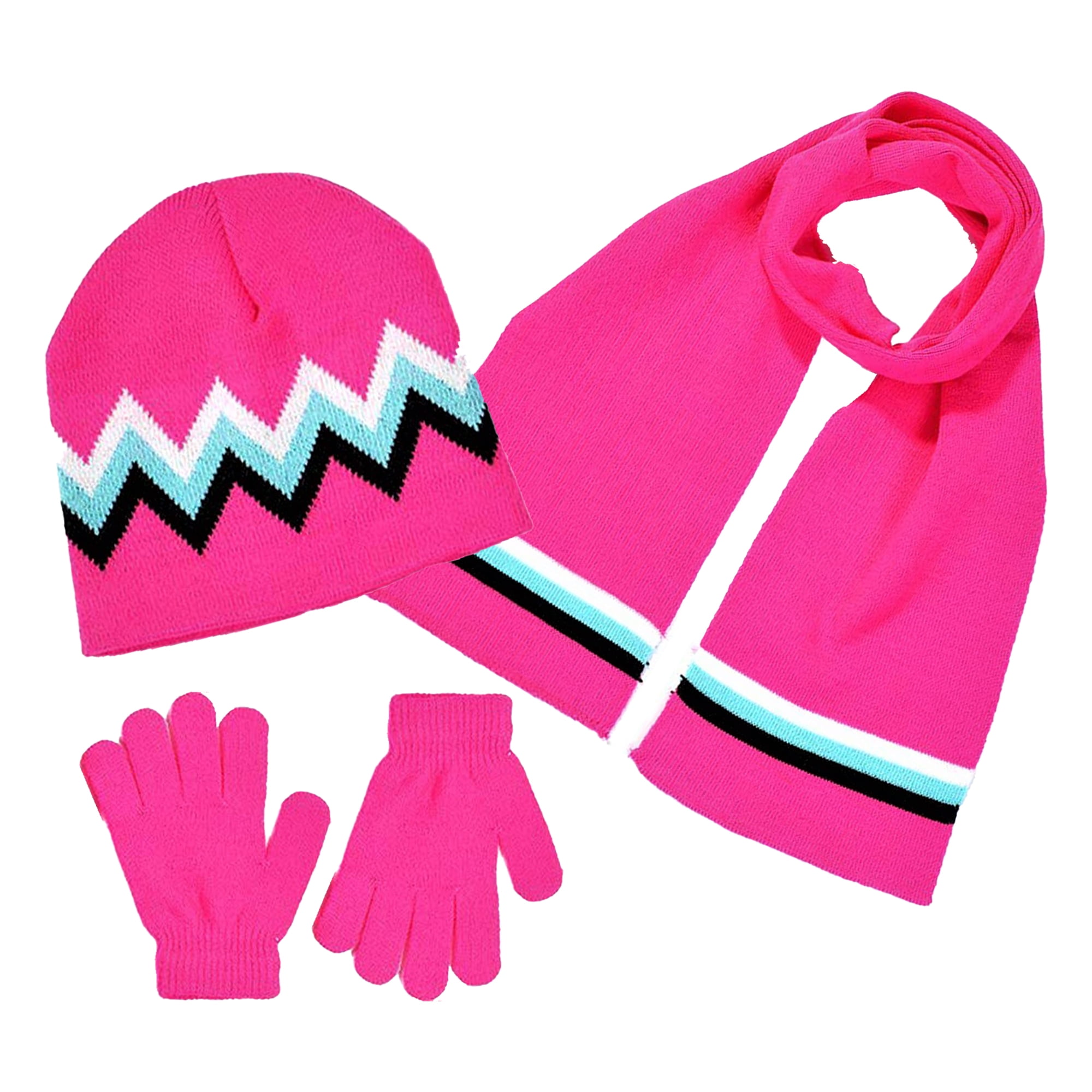 S.W.A.K. Girls Knit Hat, Scarf and Gloves Set Fuchsia/Turq Combo