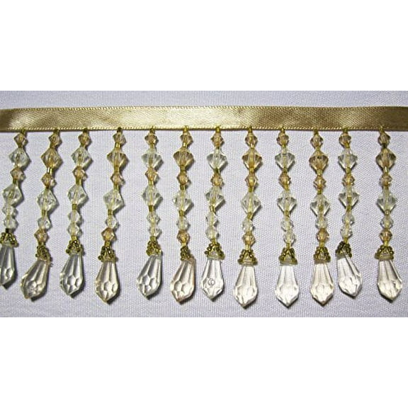 Altotux Beaded Fringe Trim 2-3/4" Taupe Acrylic Beads with 3/8" Ribbon By Yard