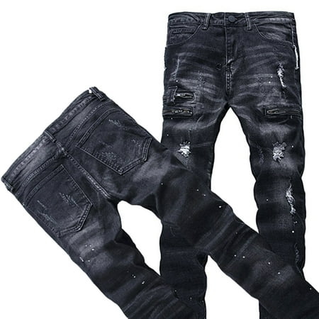 Men's Ripped Jeans, 100% Cotton Black Slim Fit Motorcycle Jeans Men Vintage Distressed Denim Jeans