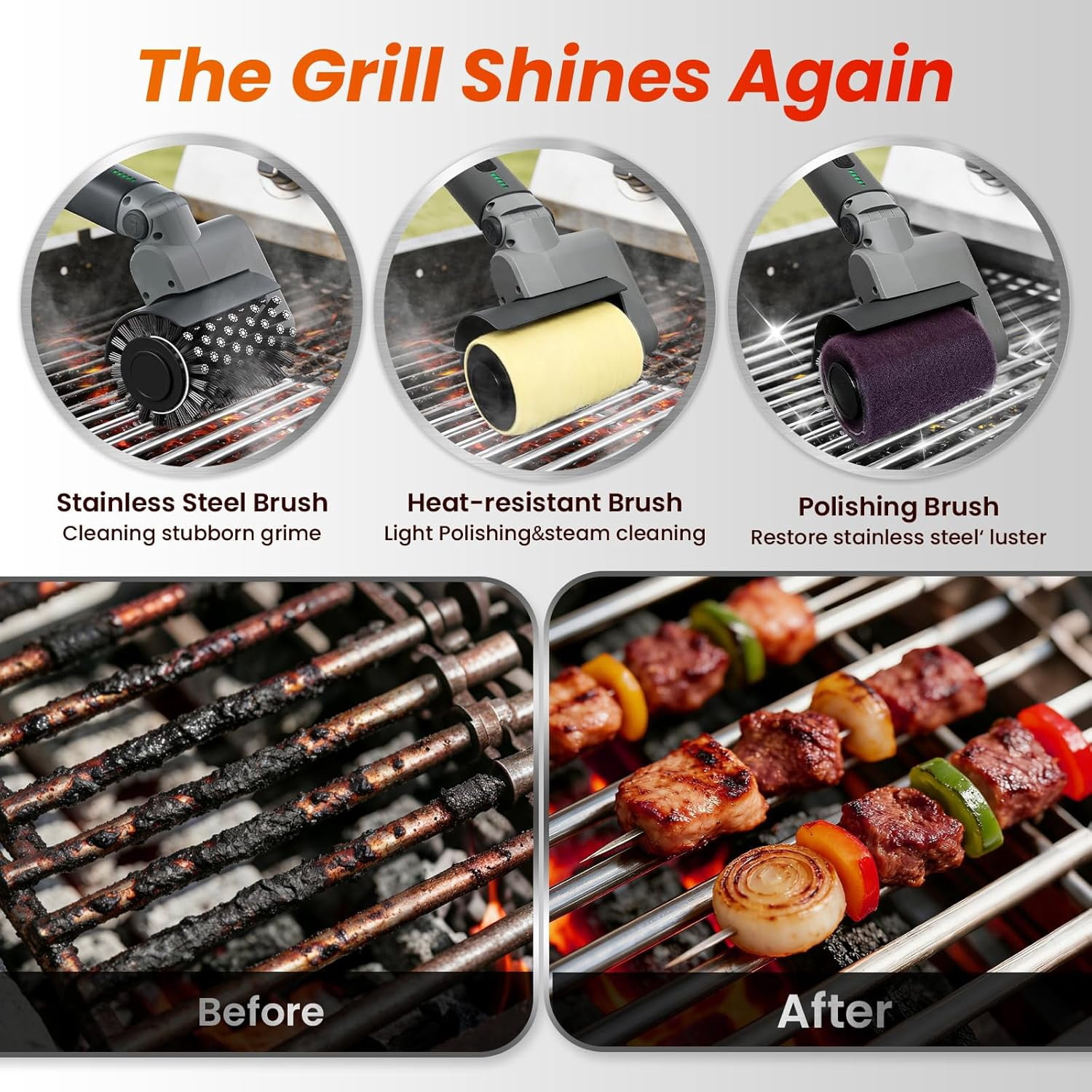 Electric Grill Brush for Outdoor Grill,3-in-1 Kit Cordless Rotary Cleaner with 3-Speed Control&Angle Adjust,Safe Cast Iron/Stainless-Steel Grates,Ideal BBQ Gifts Men Dad