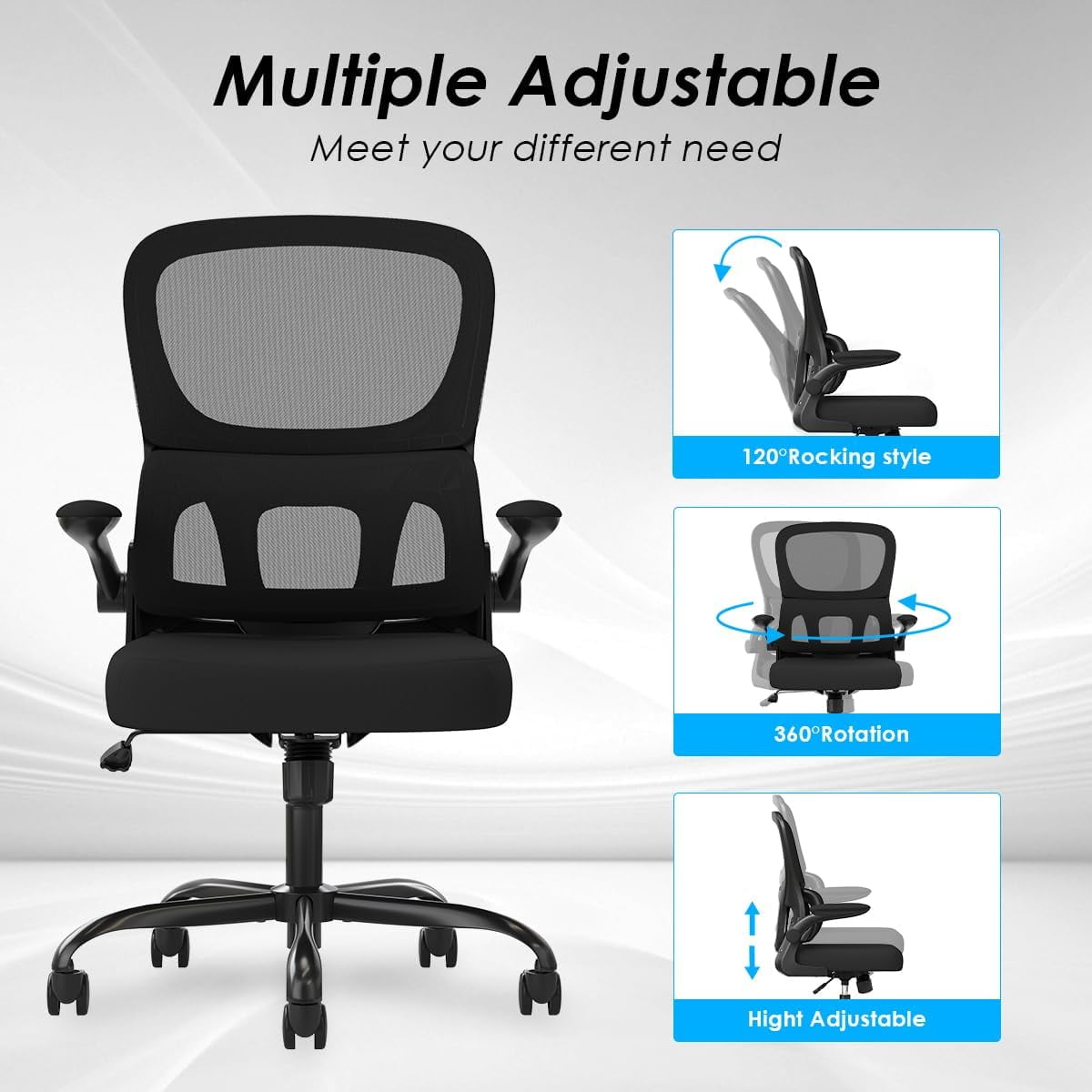 Farini Ergonomic Office Chair, Mesh Desk Chair with Lumbar Support, Comfy Computer Desk Chair with Flip Armrest Rolling Wheels for Home Study Room Office, Black & Black