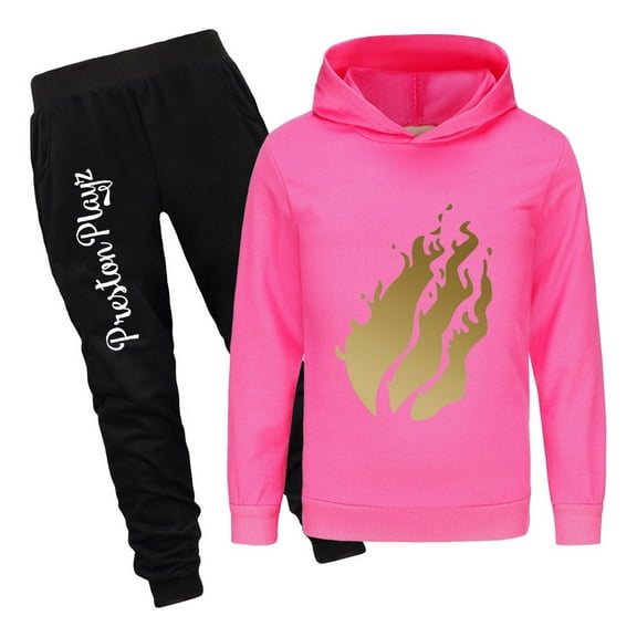 Boys Girls Flame Hoodie Outfit Preston Playz 2 Piece Pullover Sweatshirt and Joggers Set Game Tracksuit for Kids