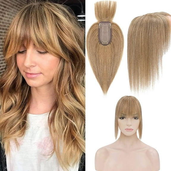 Loveternal Hairpiece 100% Real Human Hair Toppers with Bangs for Woman 10 inch（Dark Blonde）