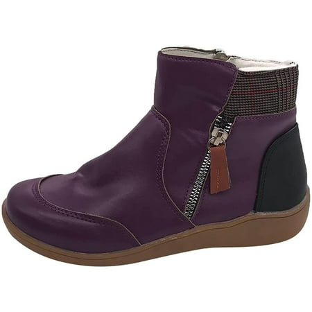 

jsaierl Women s Vintage Splicing Round Toe Plus Velvet Zip Up Short Naked Boots Shoes