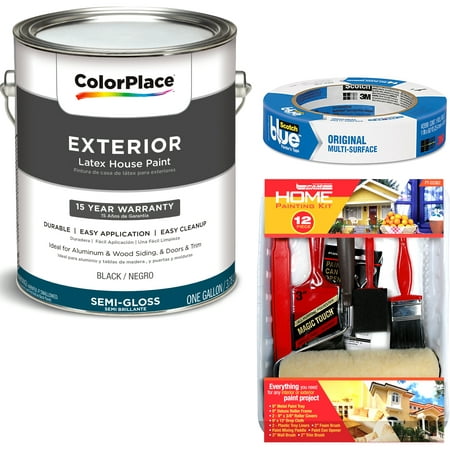 ColorPlace Exterior Black Semi-Gloss Paint 1 Gallon with ScotchBlue Painters Tape Original Multi-Use, .94in x 60yd(24mm x 54,8m