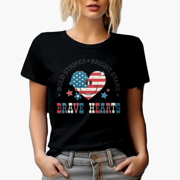 Distressed Bold Stripes, Bright Stars, Brave Hearts, Retro 4th of July Gift, Black T-Shirt, Small