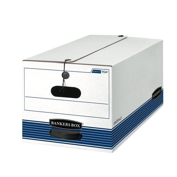 Bankers Box® Stor/File™ 60% Recycled Storage Boxes, String & Button, 24" x 12" x 10", Letter, White/Blue, Pack Of 12