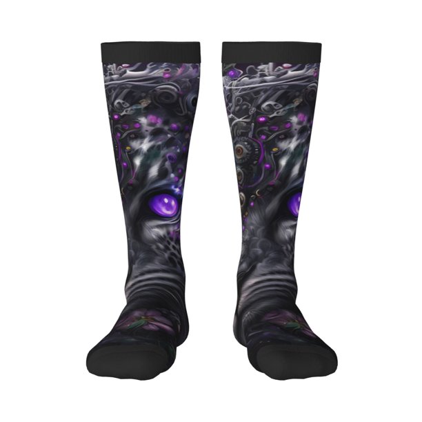 Fotbe Purple-Eyed Floral Leopard Calcetas Divertidas Estampadas para Hombre y Mujer, Calcetas de Algodón hasta la Rodilla para Caminar, Correr, Enfermería y Embarazo