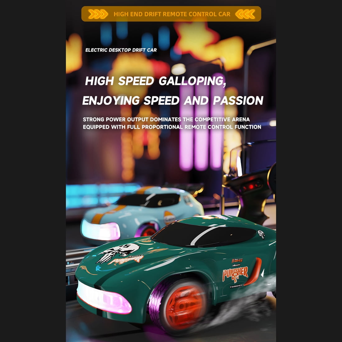 1:64 Mini 4WD RC Drift Car, Desktop High-Speed Racing Car 2.4G Proportional Remote Control, Colorful LED Lights & USB Charging –Toy for Adults