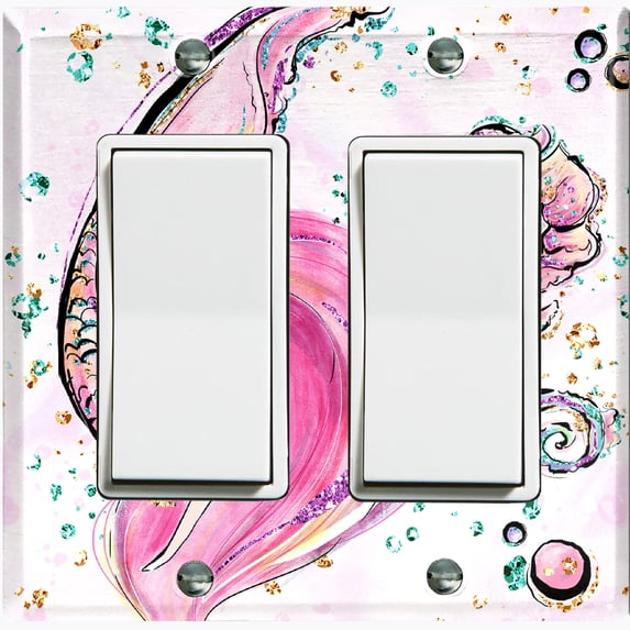 Metal Light Switch Wall Plate Outlet Cover (Mermaid Seahorse Pattern Glitter Print Pastel - Double Rocker)