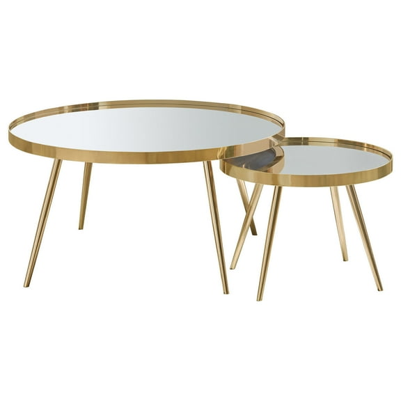 Homestock Artisanal Abode 2-Piece Mirror Top Nesting Coffee Tables, Gold and Mirror, 35.75" Round x 18.5"H, Glamorous Contemporary Design
