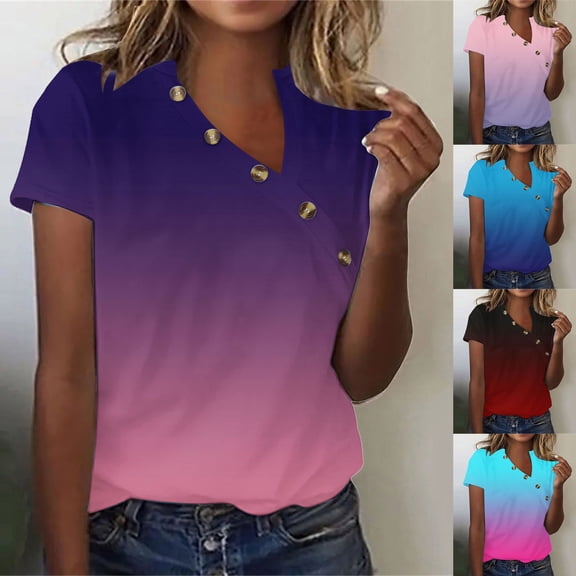 Inverlee Button Up Shirts Women Casual Short Sleeve Tops Trendy Plus Size Gradient Print T Shirts Comfy Vacation Tunic Blouse Summer Fashion