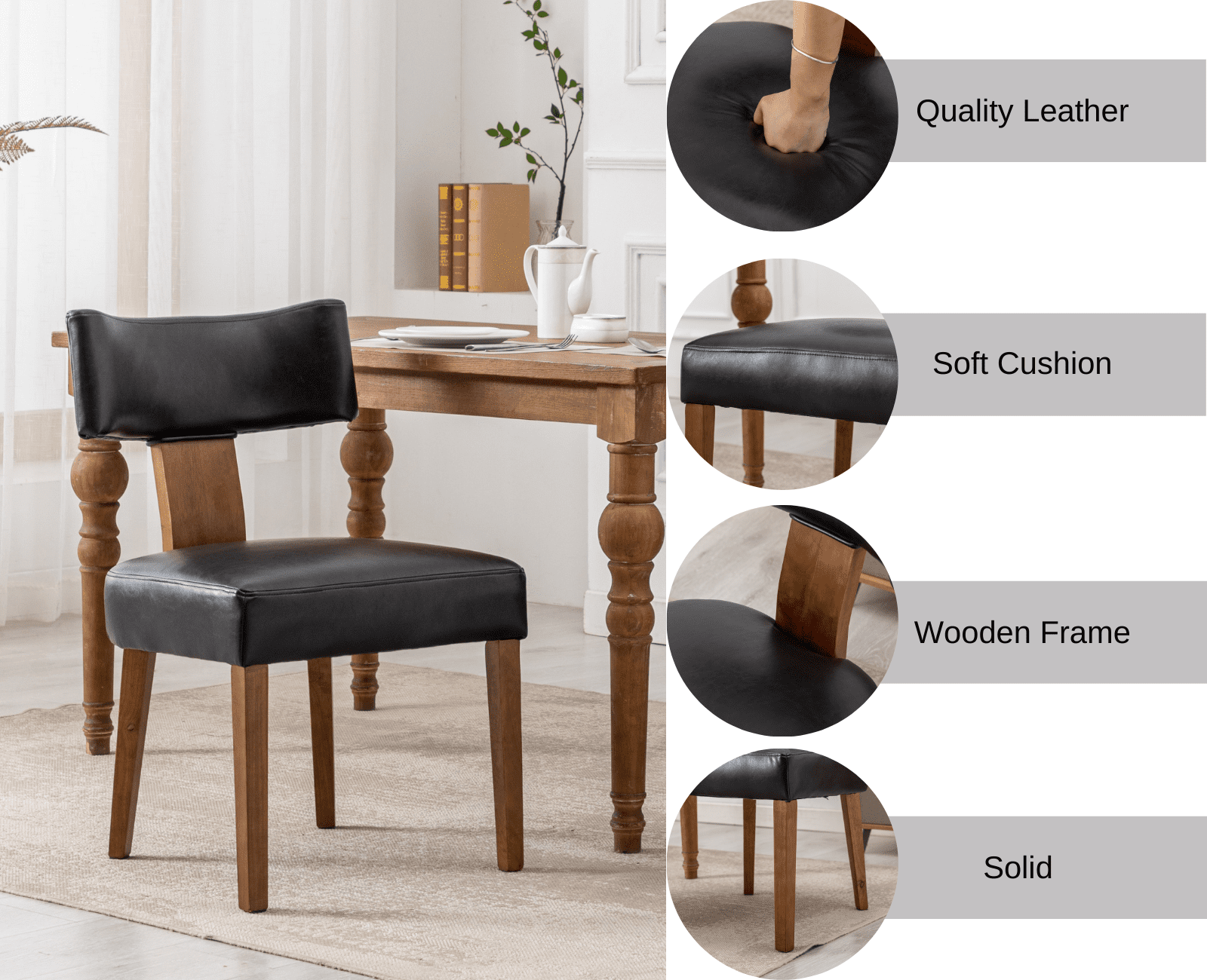 Guyou Dining Chairs Set of 4, Mid-Century Modern PU Upholstered Kitchen Chairs with Curved Backrest, Wooden Side Chairs for Dining Kitchen Living Room Bedroom, Black