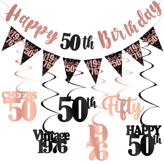 50th Birthday Decorations for Women, Black Rose Gold Happy 50th Birthday Banner Hanging Swirls Vintage 1976 Birthday Decorations Kit Cheers to 50 Birthday Party Supplies
