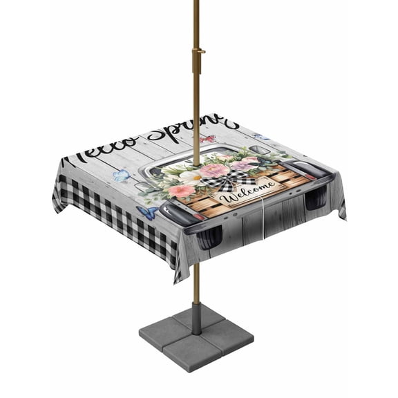 Outdoor Tablecloth with Umbrella Hole for Patio/Picnic/Party/Camping, Spring Flowers Waterproof Table Cloth Square Cover Washable, Farmhouse Truck Black Plaid Wood Grain (54"x 54")
