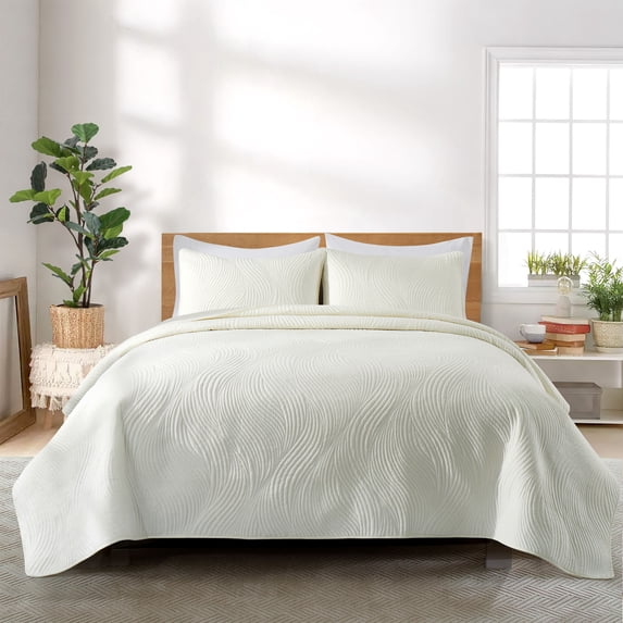 Peace Nest 2-Piece Reversible Pattern Quilted Coverlet Set, Ivory, Twin