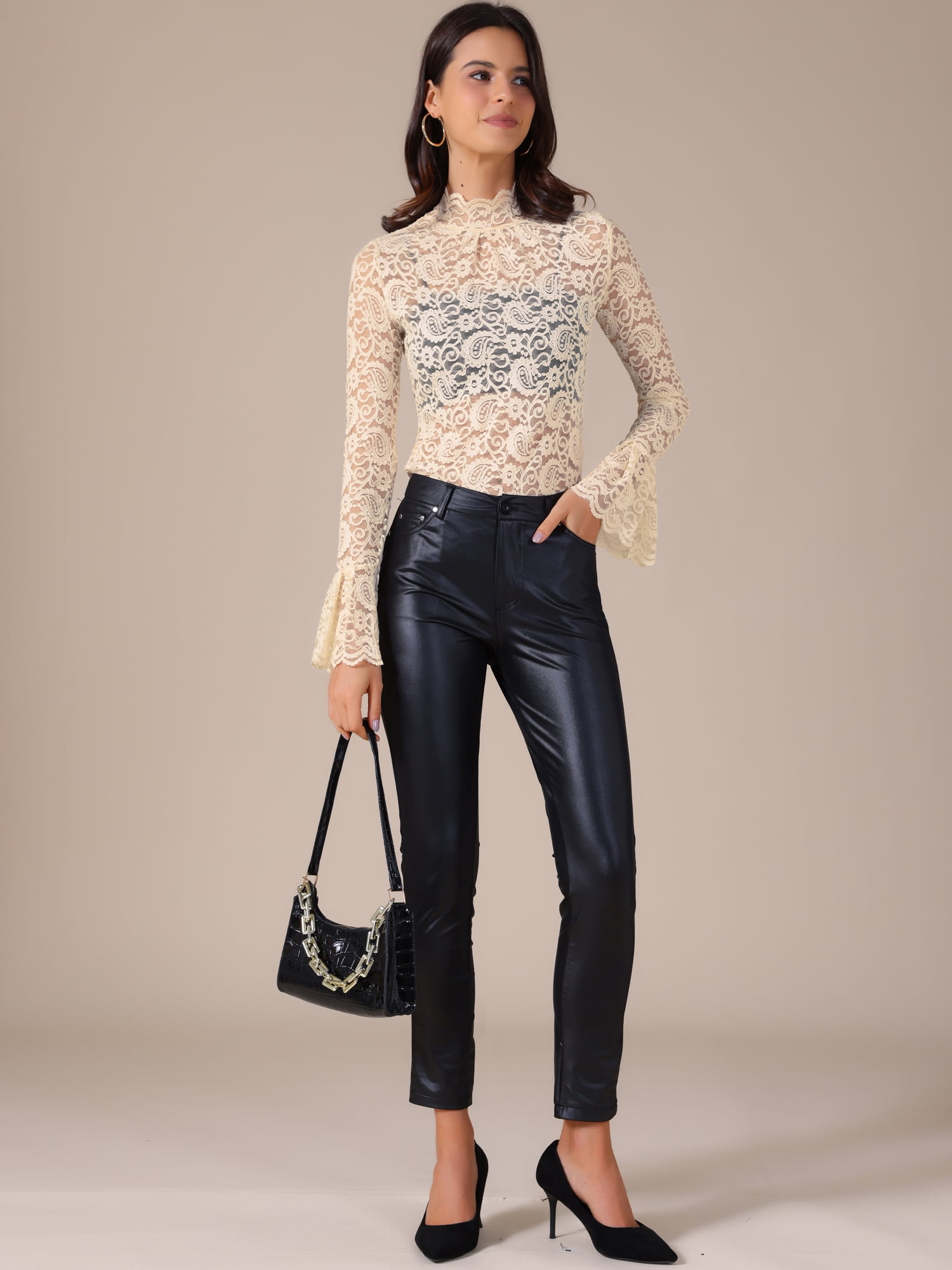 DARING DIVA Women's Lace High Neck Bell Long Sleeve Sheer Mesh Blouses XS Beige