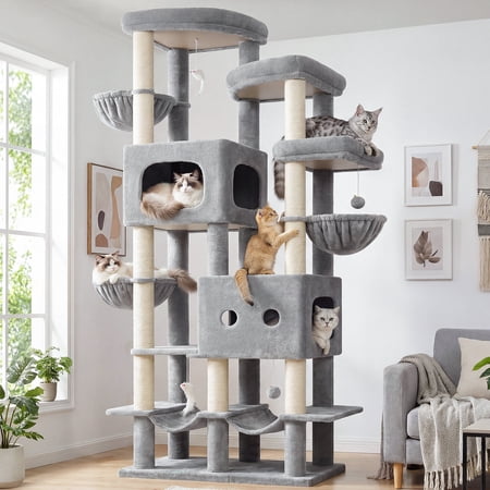 Globlazer Multi-Level Large Cat Tree,81-inch Cat Tower for Indoor Cats With 10 Sisal Scratching Posts, 2 Hammock, 2 Cat Condos & 3 Hanging Cat Baskets, Ideal for Multiple Adult Cats, Light Gray