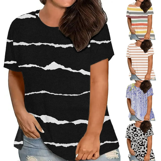 breaise Hauts pour Femmes Grande Taille Été Imprimé Léopard Tunique à Manches Courtes Chemises Chic Décontracté Ample Col Rond Blouses T-Shirt Grande Taille pour Femmes G-5TG