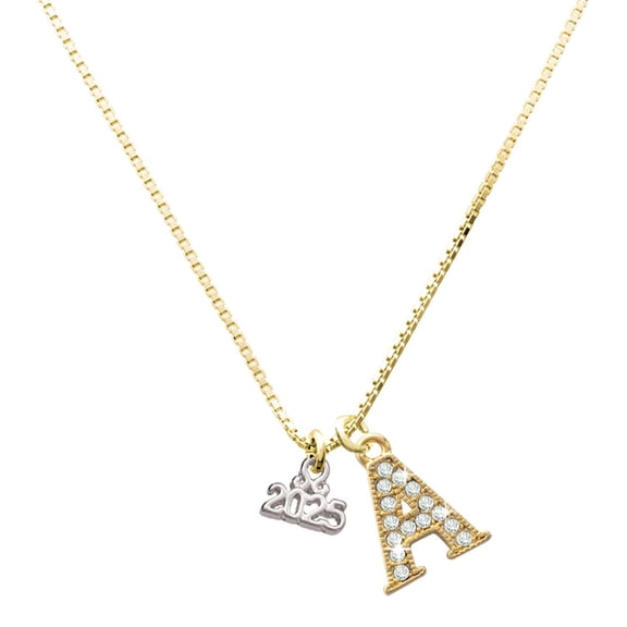 Delight Jewelry Silver-tone Mini Year 2025 - Large Goldtone Crystal Initial - A - Charm Necklace, 17.5" 2"