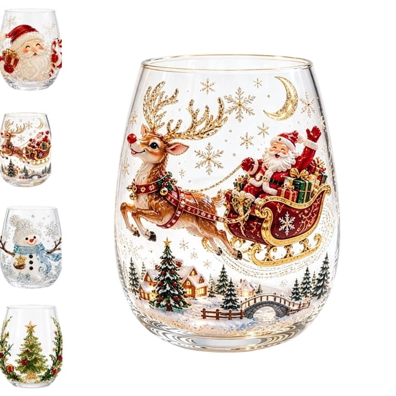 3D Christmas Glass Art Cup - Stemless Glass for Holiday Drinks | Luxury Holiday Glassware, Raised 3D Design for Coffee, Tea, Juice, Milk, Xmas Party Home Festive Decor Gifts (Reindeer)