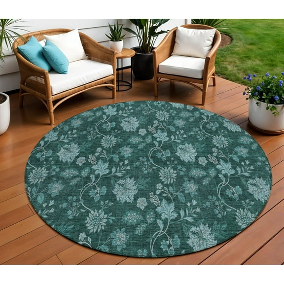 8' Teal Blue And Aqua Round Floral Washable Indoor Outdoor Area Rug