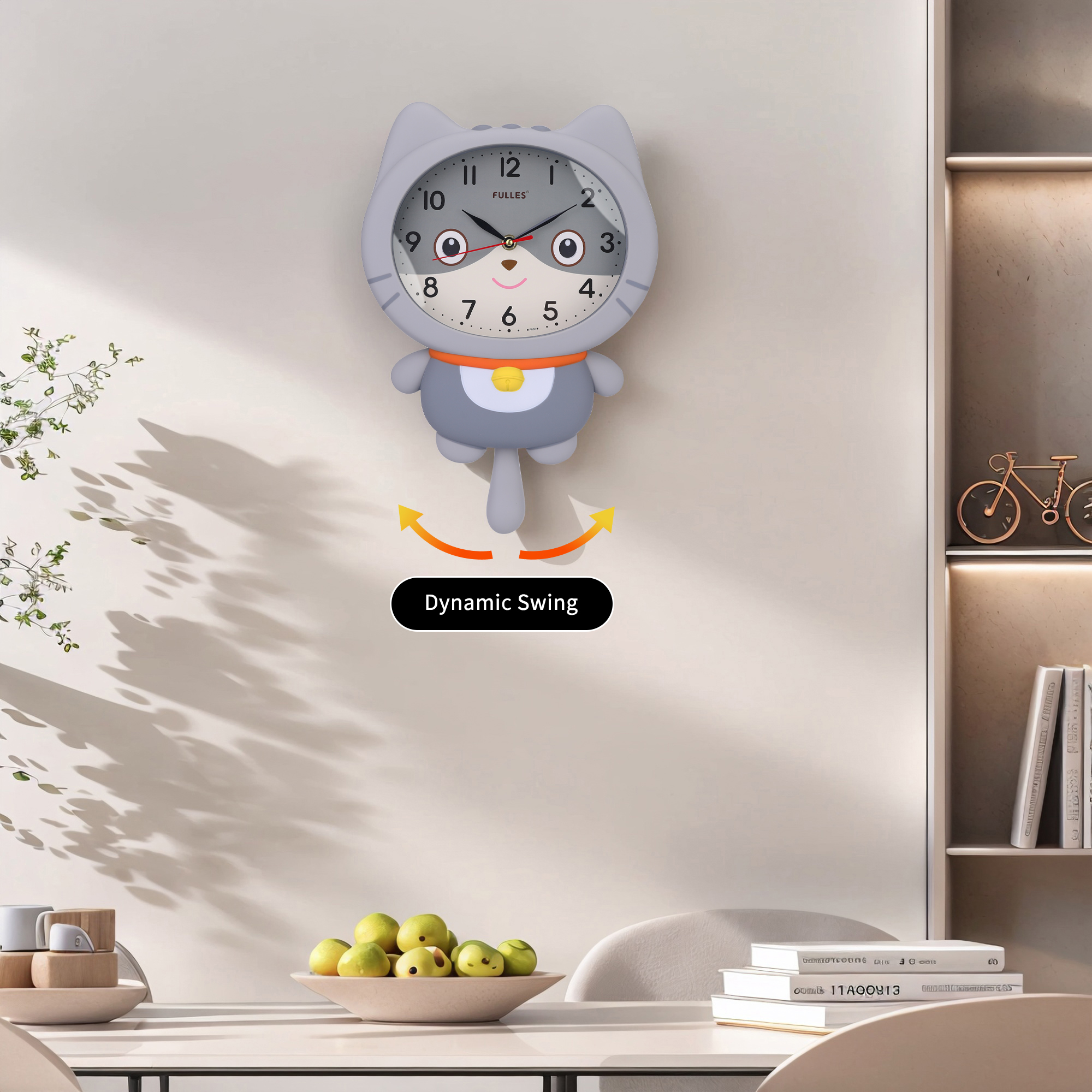Unique Bargains 1pc Cartoon Cat Mechanism Wall Clock for Home 15" x 10" x 2.4" Grey