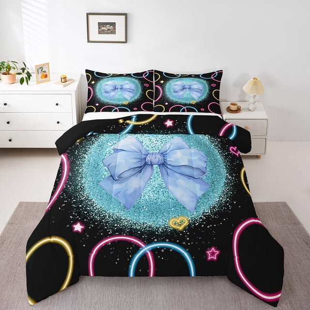Erosebridal Ensemble de Literie Mignon à Nœud pour Lit Simple, Couette en Duvet à Cercles d'Étoiles, Ensembles de Literie Super Douillets Réversibles pour Lit Simple avec Couette, Déco Bling, 3 Pcs