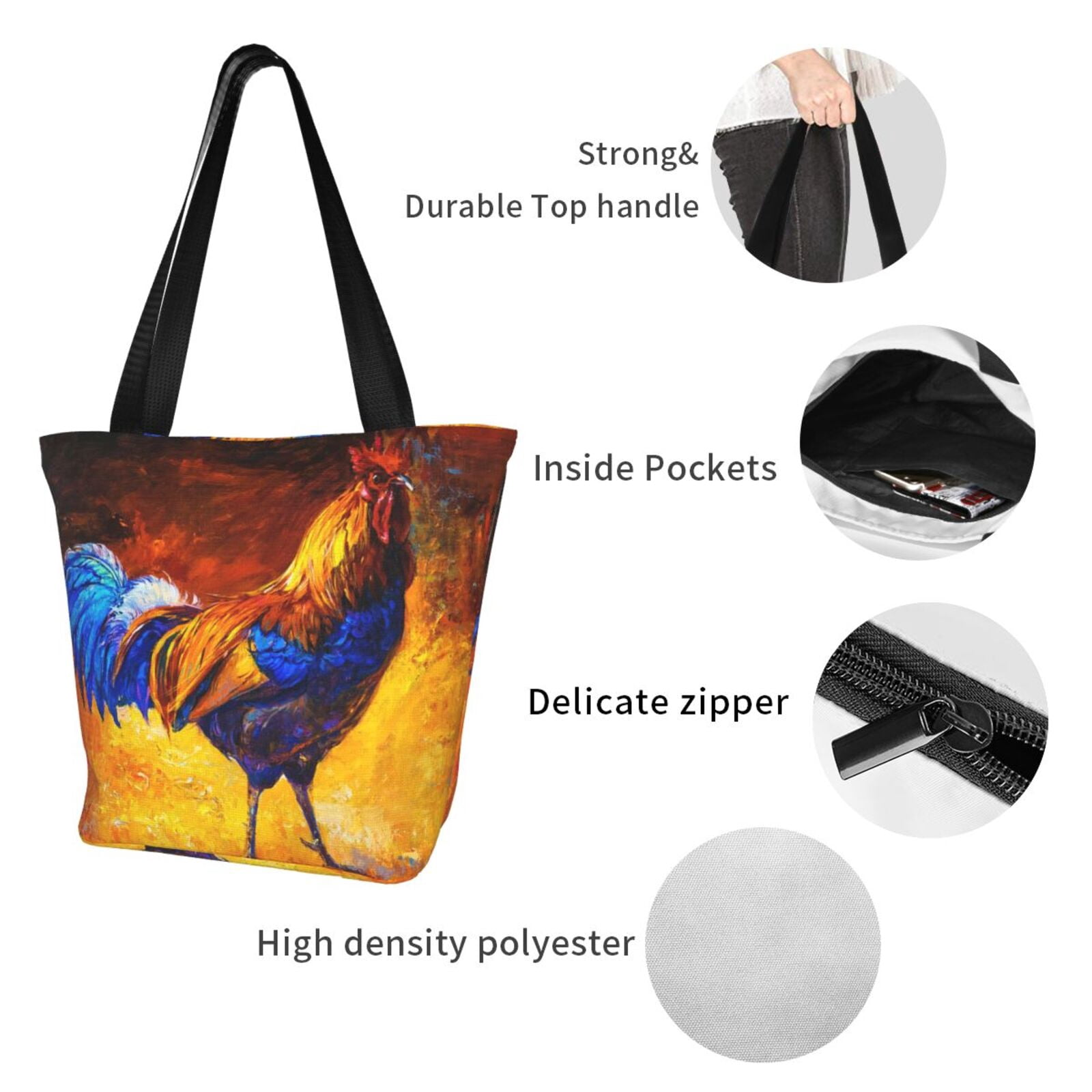 Ratiio Colorful Rooster Print Shoulder Bag for Women, Polyester Crossbody Purse Lightweight Handbag for Daily Travel and Casual Use