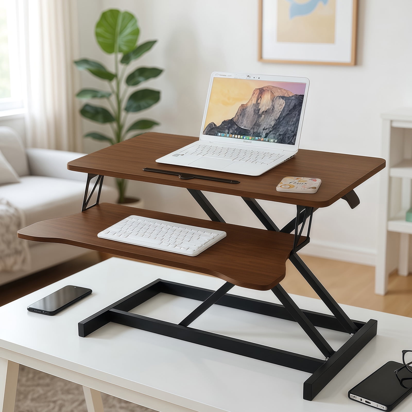 Standing Desk Converter, 32 Inch Standing Desk Adjustable Height for Table Tops and Home Office, Desk Riser Computer Workstation with Wide Keyboard Tray 2-Tier Desktop, Walnut Color