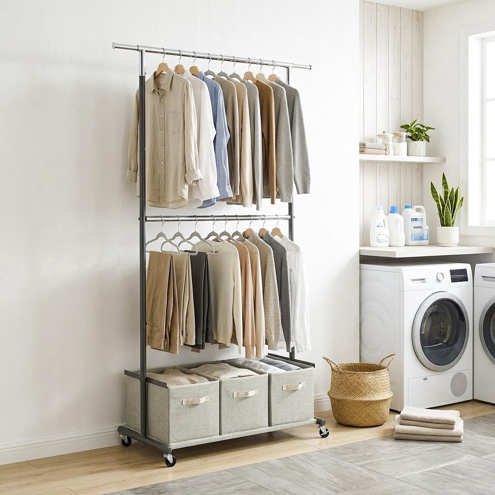 Better Homes & Gardens 2-Tier Metal Rolling Garment Rack with 3 Drawer Closet Organizer, Gray