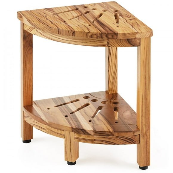Corner Teak Shower Bench, 17" Height 12" Radius, 100% Teak Wood Corner Shower Beach, Mold-resistant, 300 LBS with Storage Shelf, Shower Stool for Inside & Outside Shower, for Bathroom