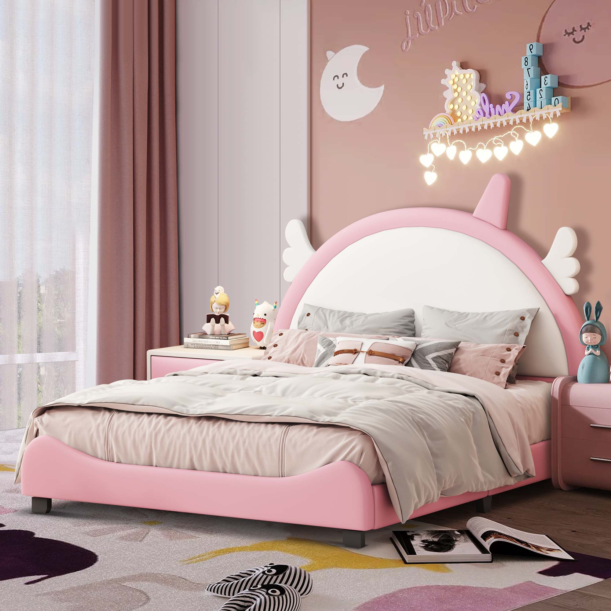 Aukfa Upholstered Bed with Unicorn Horn Headboard for Kids, PU Full Size Platform Bed - White