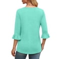 thumbnail image 3 of MOYIKO Women 3/4 Sleeve T Shirt Casual Crewneck Plain Blouse Lake Green Bell Sleeve Pleated Fall Top S, 3 of 7