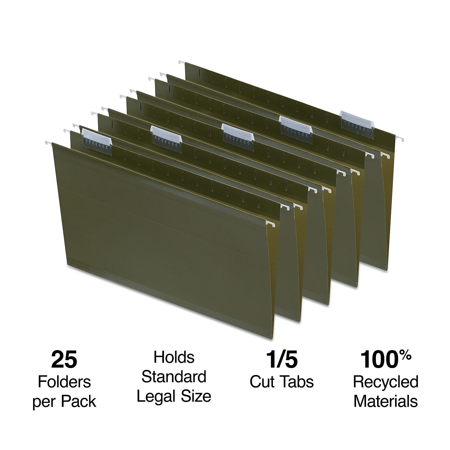 Staples Recycled Reinforced Hanging File Folders 5-Tab Lgl Std Gn 25/BX 726595