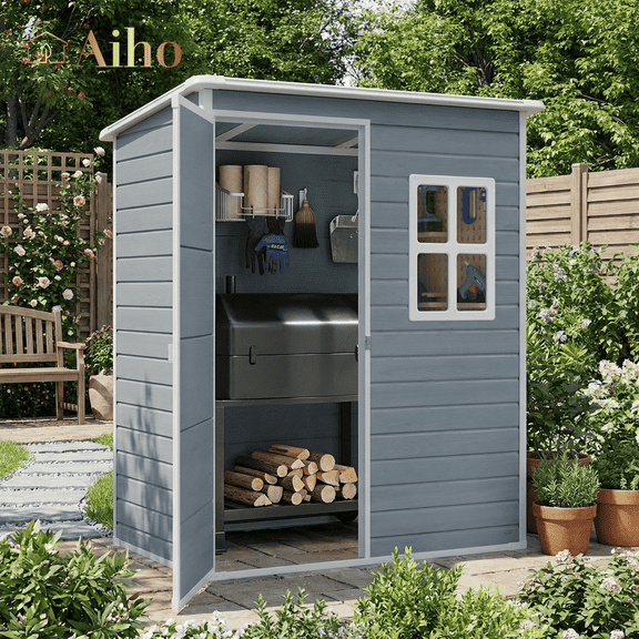 5 x 3 Ft Outdoor Storage Shed with Lockable Door, Weatherproof Resin Garden Shed with Floor & Ventilation for Patio, Lawn, Gray