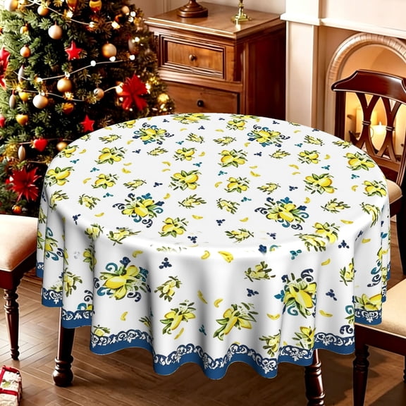 Small Flower & Lemon Allover 2D Print Round Tablecloth,35/50/60/70 inch,Polyester,Farmhouse Casual Gathering Table Decor