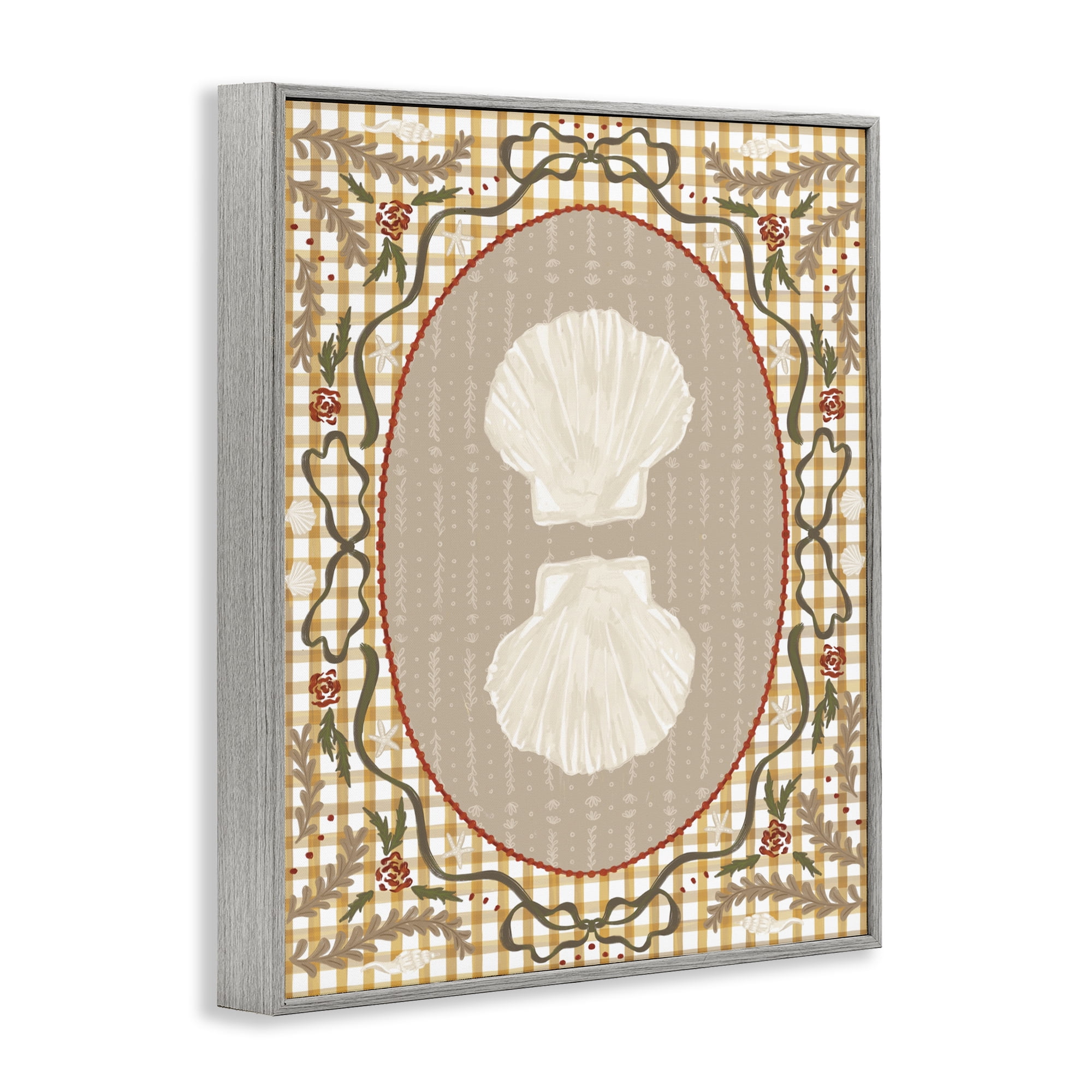 Stupell Industries Vintage Shells on Gingham Gray Framed Giclee Art, design by Vero Illustrates