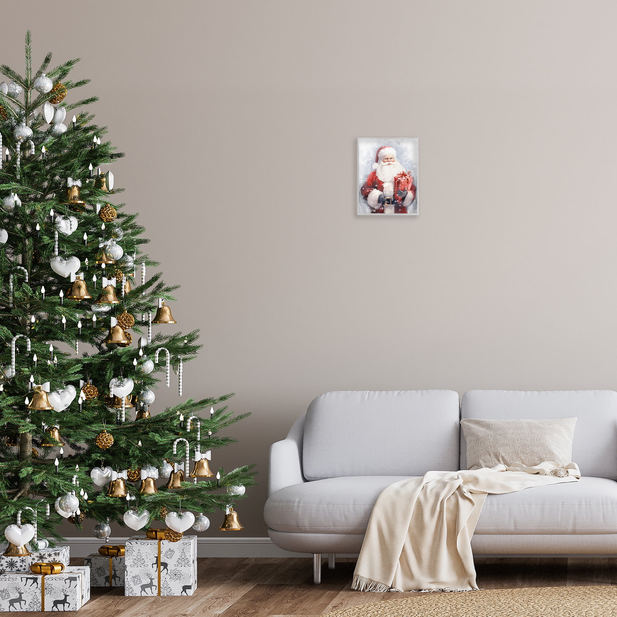 Stupell Industries Santa with Red Gift Holiday Painting Gray Framed Art Print Wall Art, 11 x 14