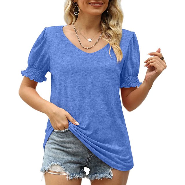 Bienvenido Mujeres Fruncido Puff Manga Top Cuello En V Color Puro Ajuste Suelto Casual Verano Jersey Camisa Azul S