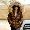 thumbnail image 2 of Sexlip Women's Shiny Puffer Coat with Detachable Faux Fur Collar Hooded Winter Casual Fashion Down Jacket Brown L, 2 of 8